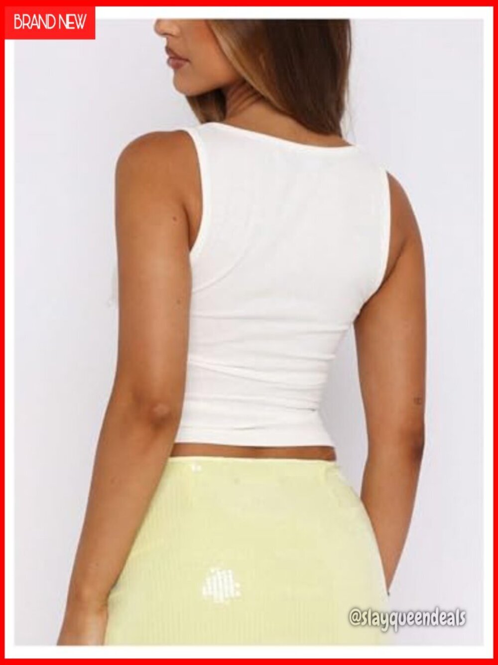 Slim Fit Rhinestone Square Neck Crop Tank Top Polyester Rib Knit - Picture 2 of 4